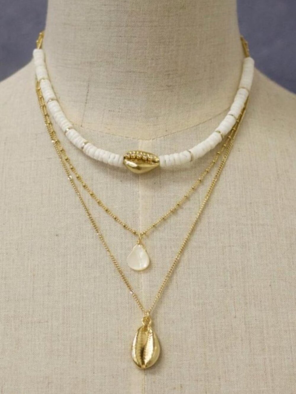 High Quality AVM Gold Cowrie Necklace Multi-Strand 19" -17" - 15" with 2" ext